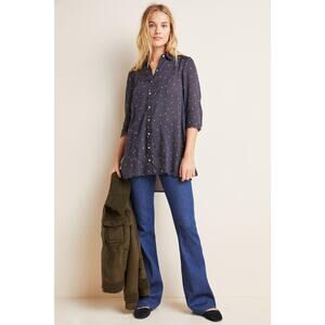 Anthropologie Maeve Button Down Shirt Dress Tunic Navy Dot 3/4 Sleeve